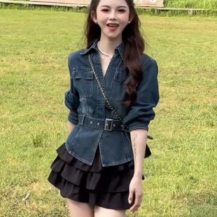 高级显瘦百搭翻领短上衣短裙套装 气质收腰牛仔外套女韩系秋季 新款