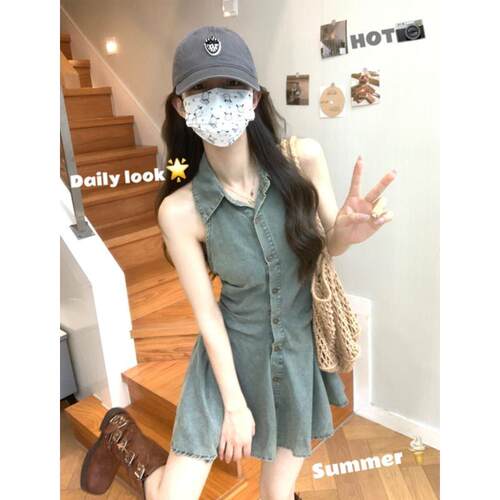 法式挂脖无袖牛仔pol领连
