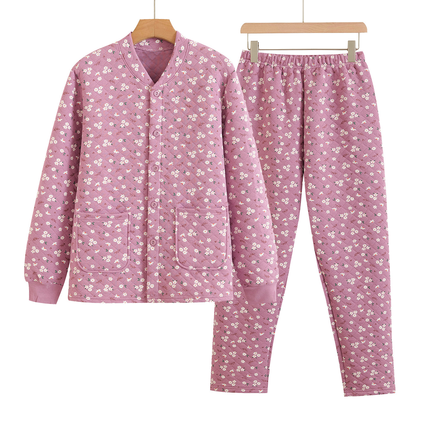 女士三层加厚保暖套装老人纯棉开衫秋衣秋裤中老年家居服睡衣睡裤