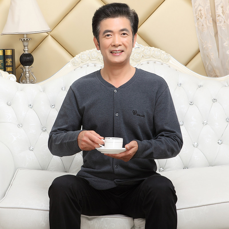 老年人纯棉开衫保暖上衣大码宽松单件内衣加绒加厚秋冬长袖秋衣男