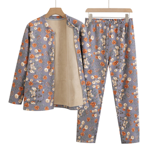 中老年妈妈碎花开衫保暖内衣套装女士加绒加厚大码家居服秋衣秋裤