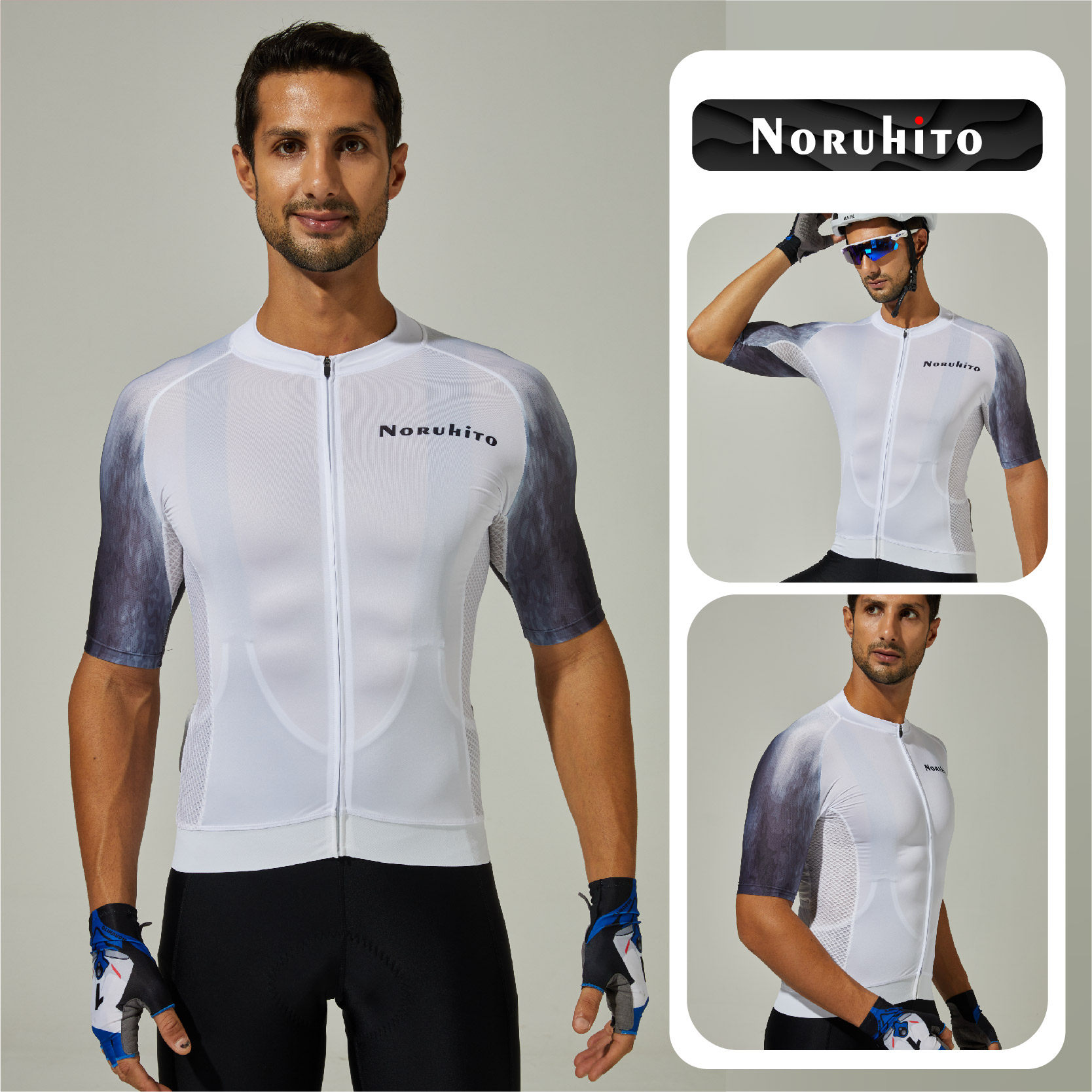 Noruhito男款骑行服短袖车衣白色简约自行车服紧身山地公路透气