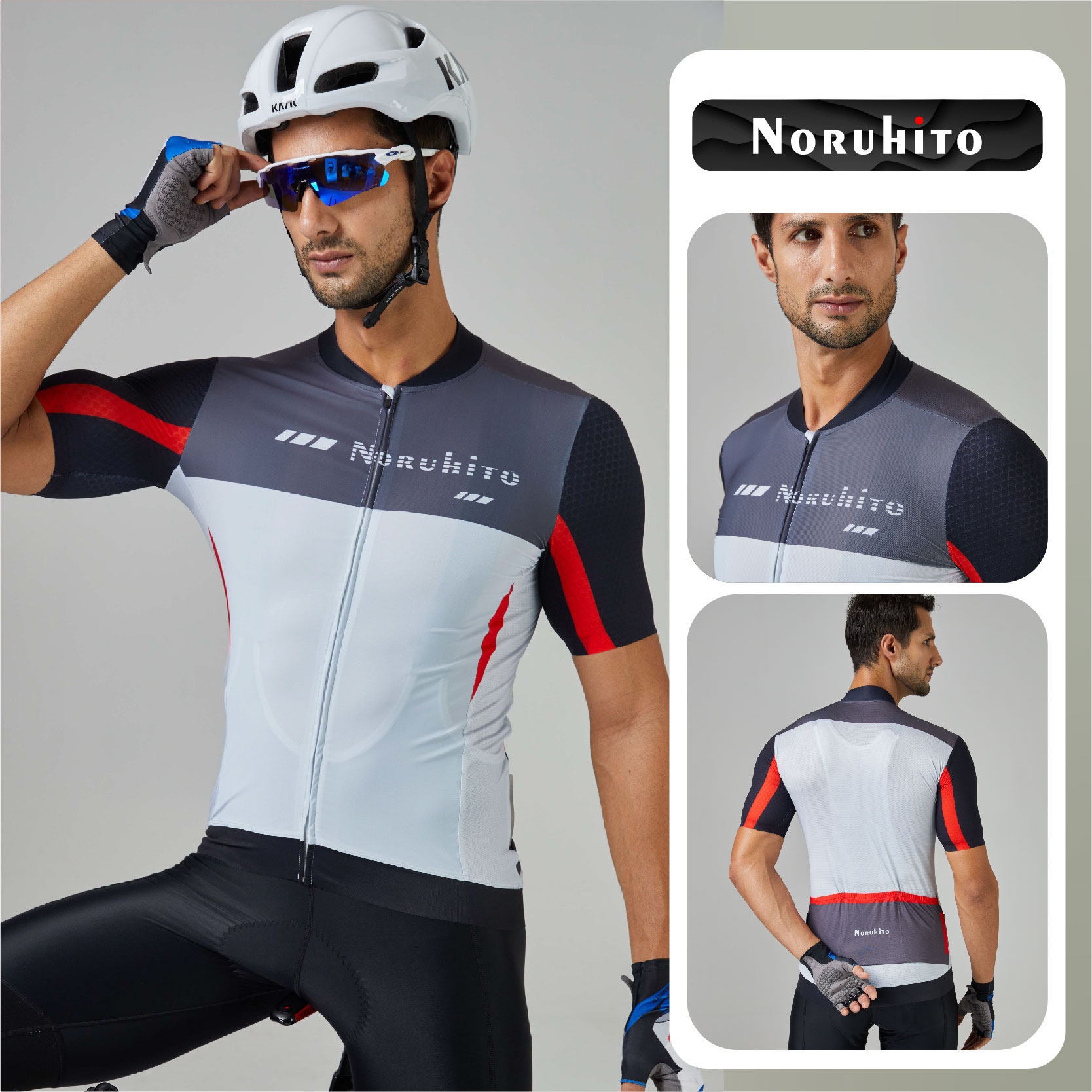 Noruhito男款骑行服短袖车衣黑白色简约自行车服紧身山地公路透气