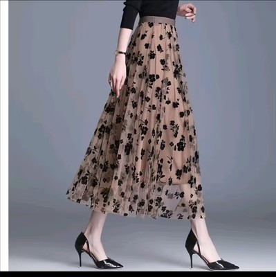 2023两面可穿植绒网纱半身裙女新款百褶A字裙长款高腰显瘦半身裙