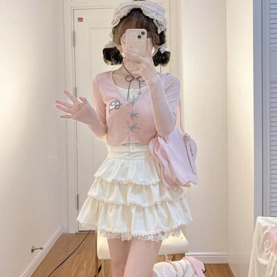 单件/套装2025春夏甜美辣妹假两件粉色长袖上衣+高腰蛋糕裙两件套