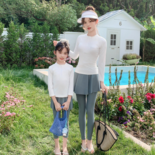 亲子泳衣女母女分体裙式遮臀长袖长裤运动风纯色可爱女童儿童泳装