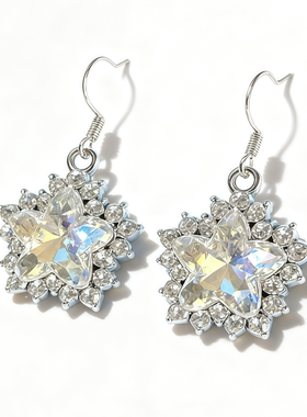 雪花花朵耳环女银色镶水钻耳坠小众设计甜美浪漫气质耳饰圣诞适用