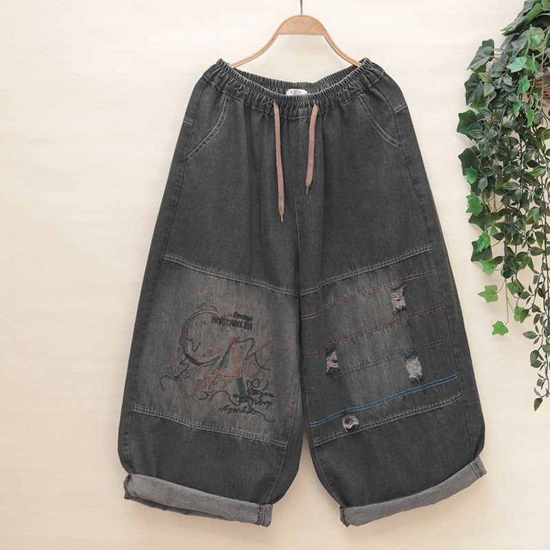 刺绣牛仔裤大码女装宽松阔腿垮裤松紧腰九分裤春款个性做旧萝卜裤