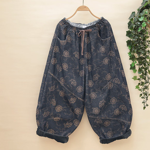 牛仔裤 萝卜裤 女加绒加厚哈伦裤 大码 印染大花百搭阔腿老爹裤 冬新款