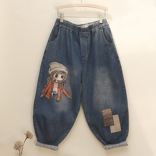 卷边阔腿九分老爹裤 胖mm女士牛仔裤 女装 大码 松紧腰贴布女孩哈伦裤