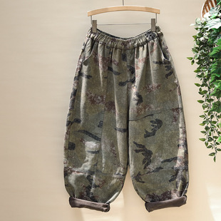 女2025秋季 宽松萝卜老爹裤 新款 中古风哈伦裤 大花印染阔腿裤 牛仔裤