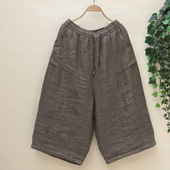 加厚八分阔腿垮裤 国潮粗布亚麻休闲棉裤 大码 宽松夹棉直筒靴裤 冬季