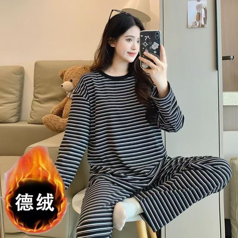 德绒睡衣女春秋季长袖加厚保暖冬