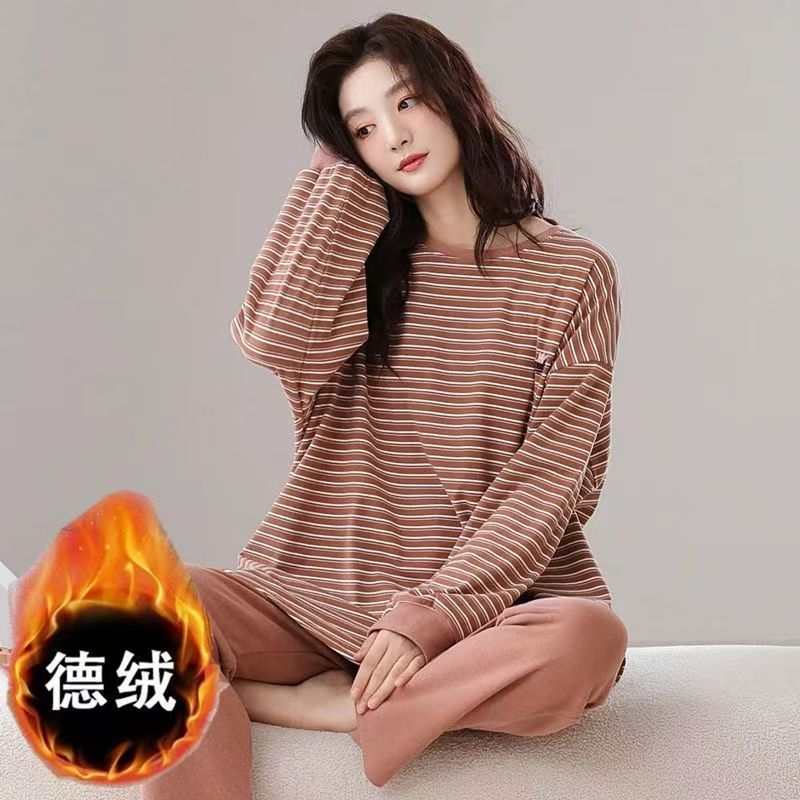 德绒加绒睡衣女秋冬加厚保暖长袖