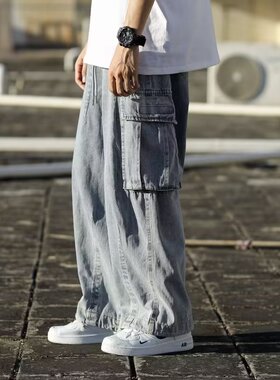 18F/W蓝色水洗刺绣不规则日系多口袋工装直筒宽松牛仔裤5