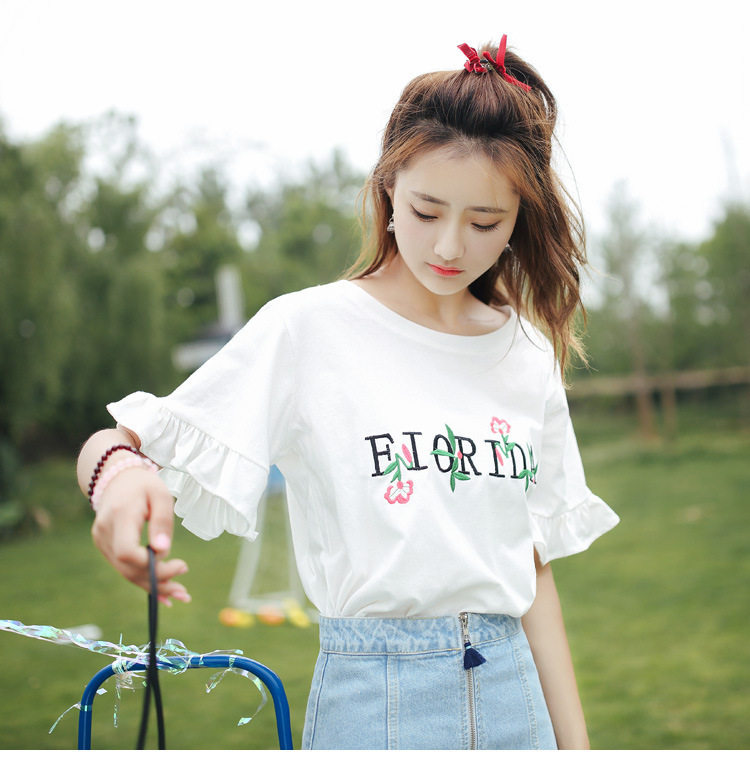 ulzzang2021夏装新款韩版小清新刺绣荷叶边喇叭袖短袖T恤上衣女生