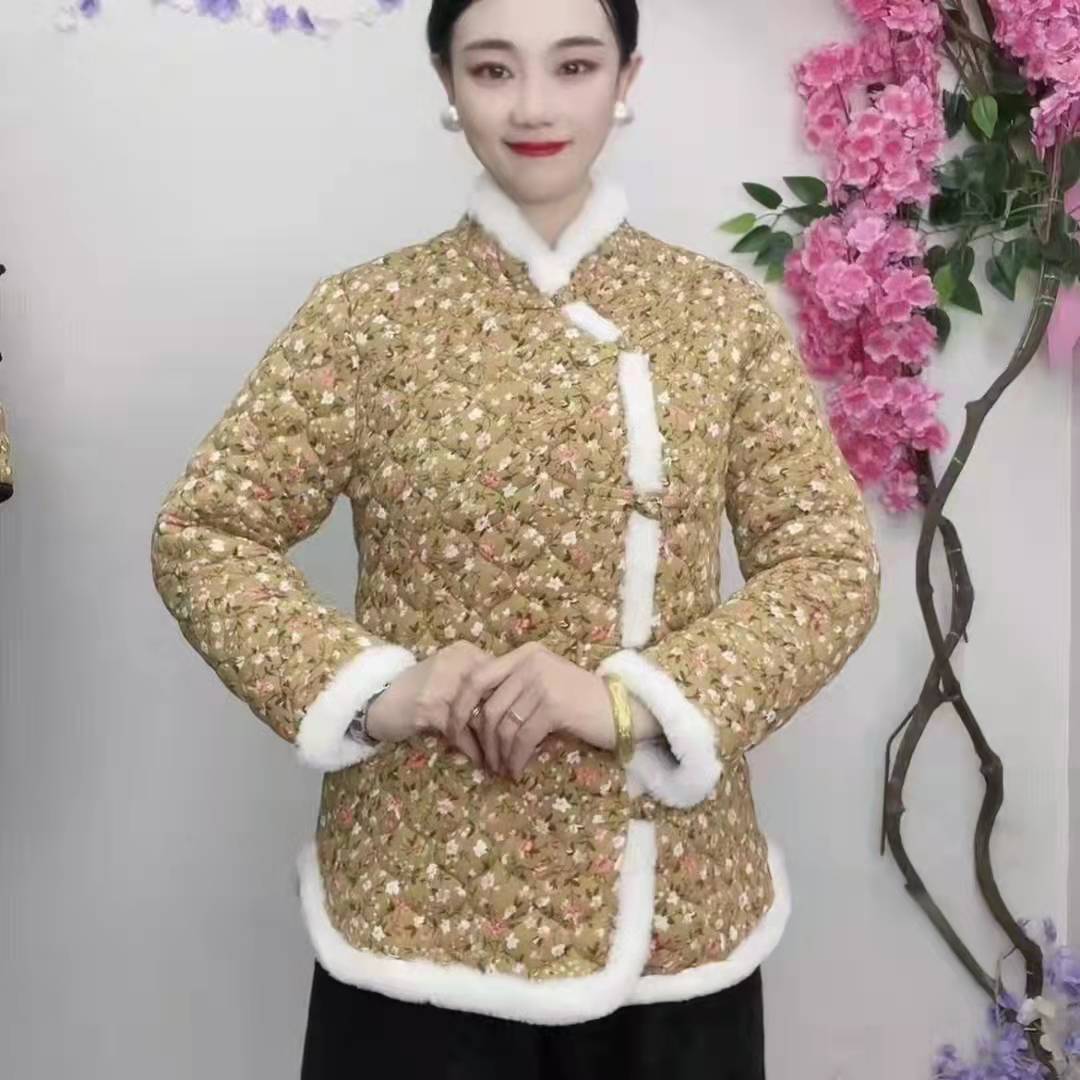 p中国风棉衣妈妈装复古盘扣唐装棉衣冬装新款女士东北花棉袄外套