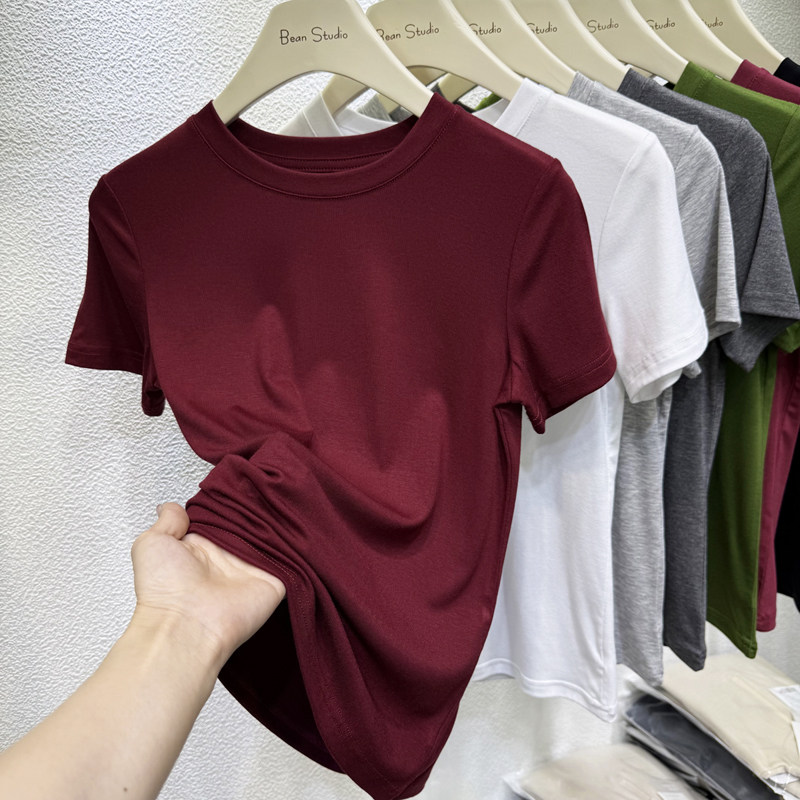 2026夏柔软舒适短袖T恤女修身小圆领正肩软糯垂感亲肤莫代尔上衣
