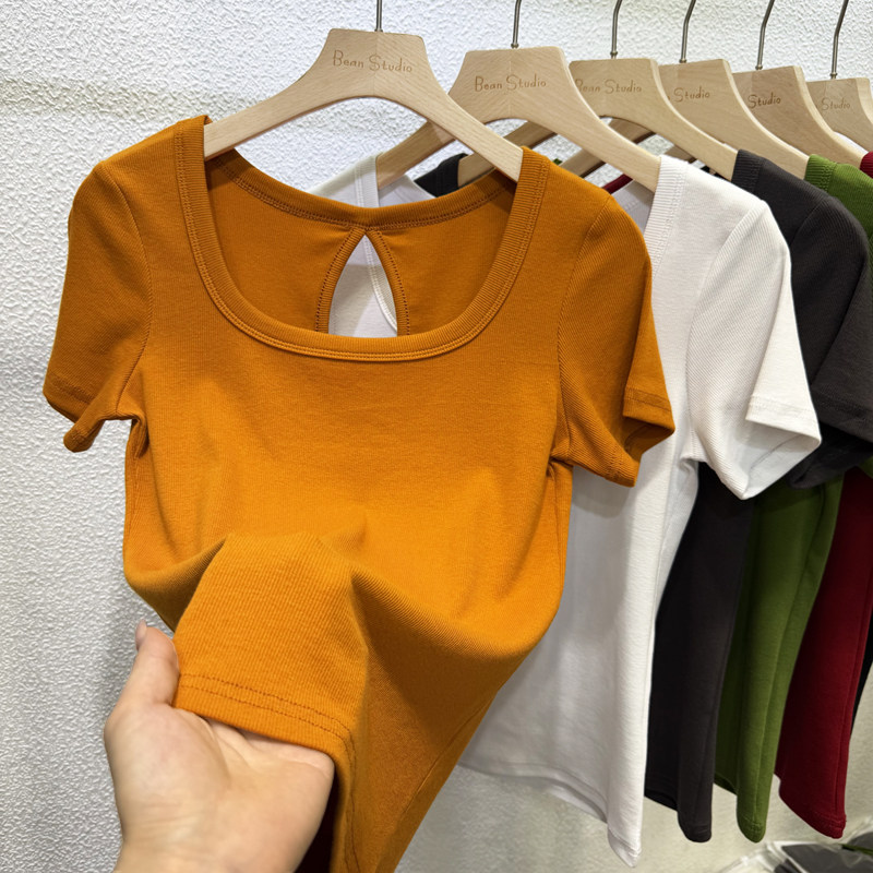 2026夏新款美式后背镂空漏背正肩修身显瘦方领锁骨短袖T恤女上衣