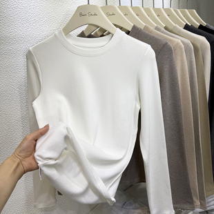 2025简约韩系小圆领内搭叠穿打底衫女加薄绒长袖T恤修身上衣柔软