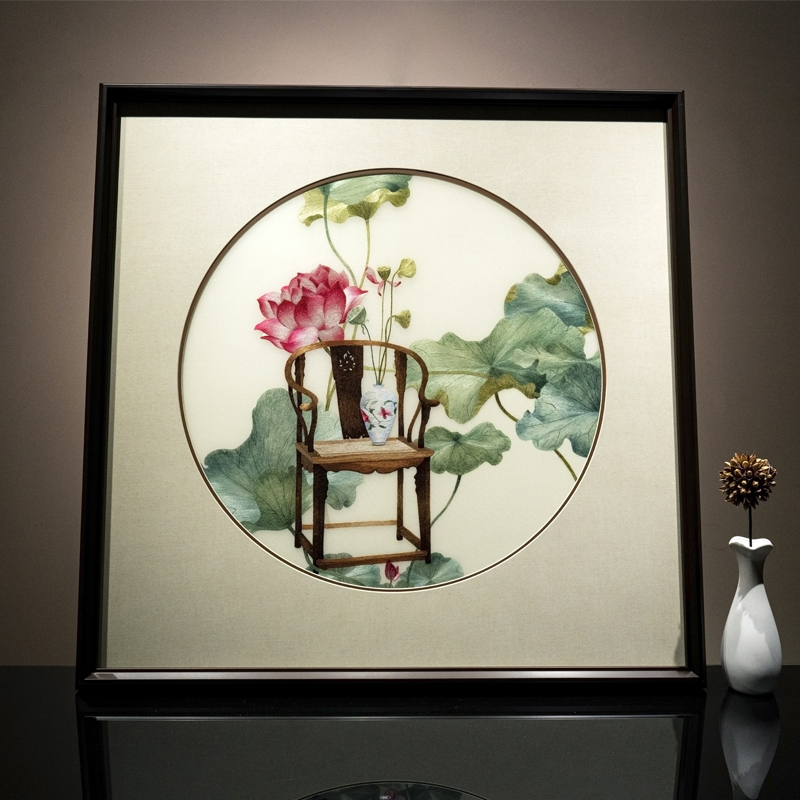现代新中式纯手工苏绣荷花客厅玄关书房装饰画赠礼暗香浮动刺绣画图片