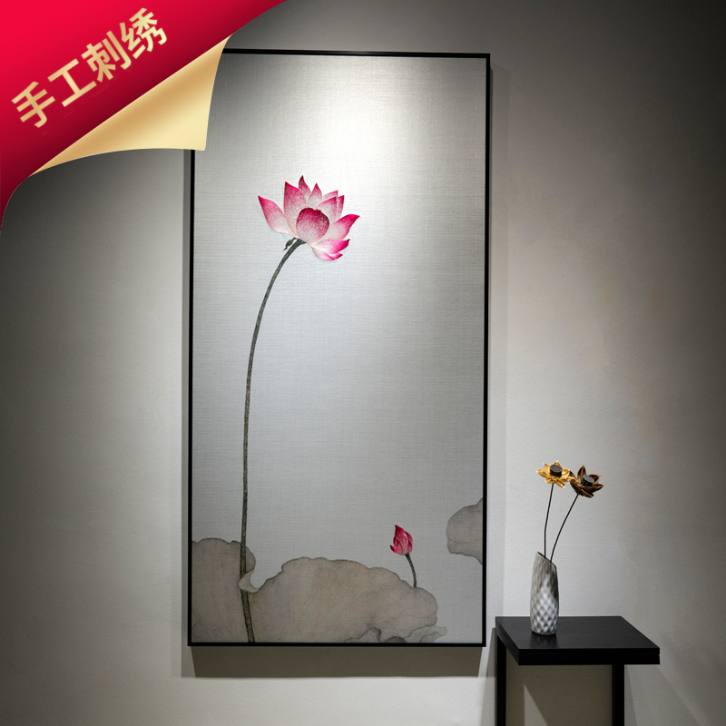 中国装饰画手工刺绣苏绣成品别墅挂画过道玄关大尺寸荷花清荷池香图片