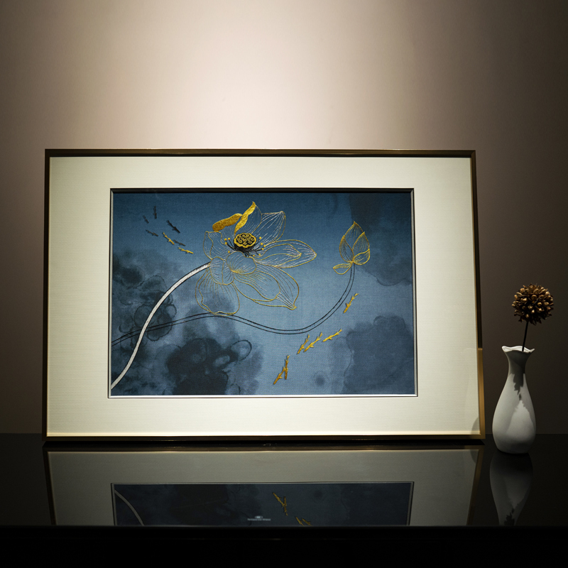 纯手工半绘半绣苏绣蓝荷餐厅卧室书房刺绣成品装饰挂画可定制精品图片