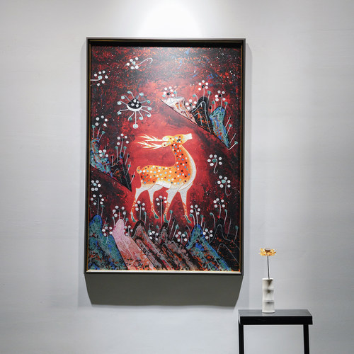 敦煌风九色鹿苏绣玄关装饰挂画祥瑞幸运入户走廊书房刺绣画实木框