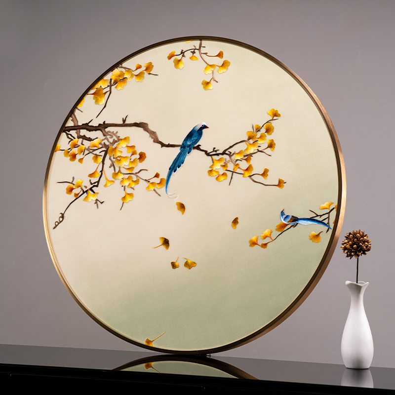 限量精品苏绣喜上枝头圆形玄关挂画银杏成品画书房餐厅刺绣装饰画图片