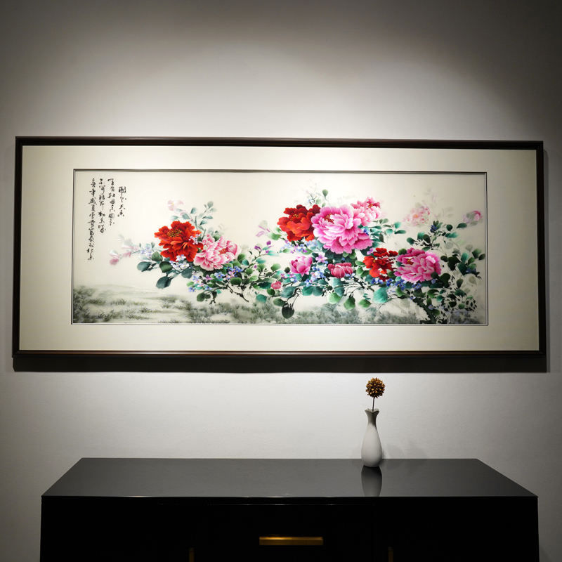 手工苏绣精品国色天香客厅沙发背景墙牡丹刺绣成品装饰画别墅软装图片