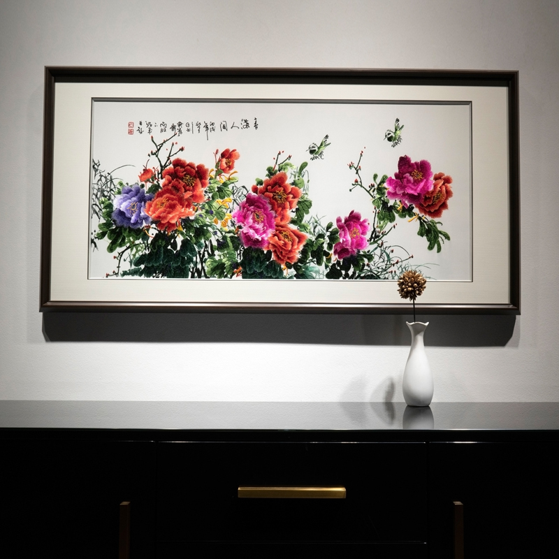 新中式苏绣经典牡丹客厅沙发背景墙成品挂画茶室卧室刺绣花卉装饰图片
