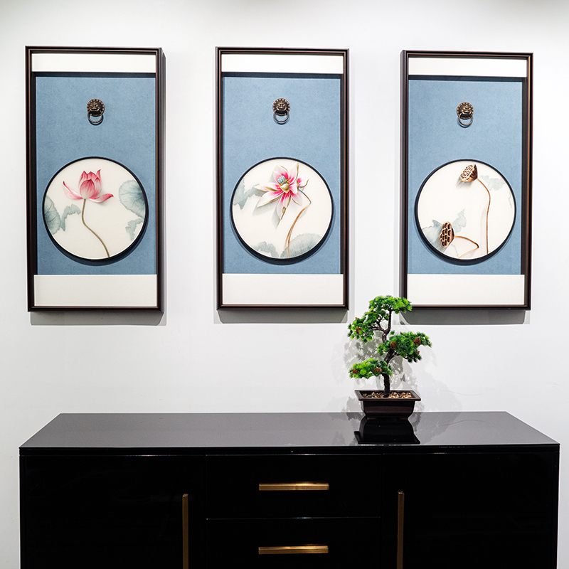 纯手工限量精品苏绣荷花沙发背景墙装饰挂画蚕丝线刺绣书房成品画图片