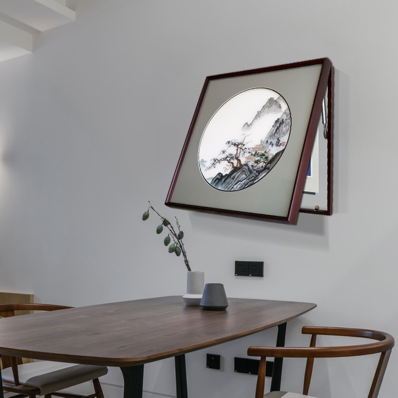 新中式风实木框装裱苏绣遮挡画