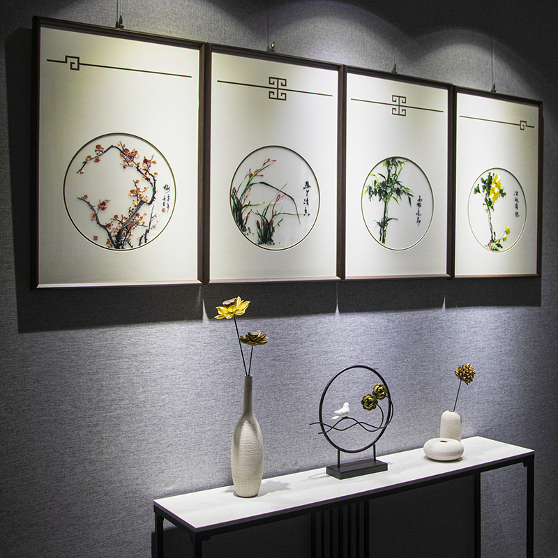 梅兰竹菊真丝纱古典风四联幅苏绣