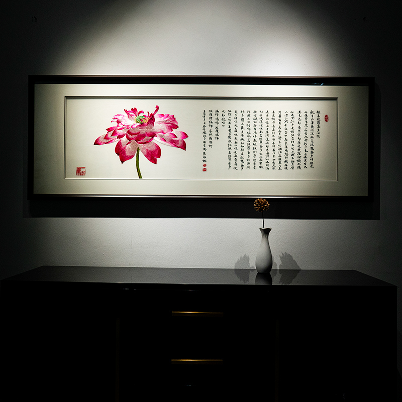 新中式禅意荷花背景墙手工苏绣成品挂画蚕丝床头画刺绣装饰画软装图片