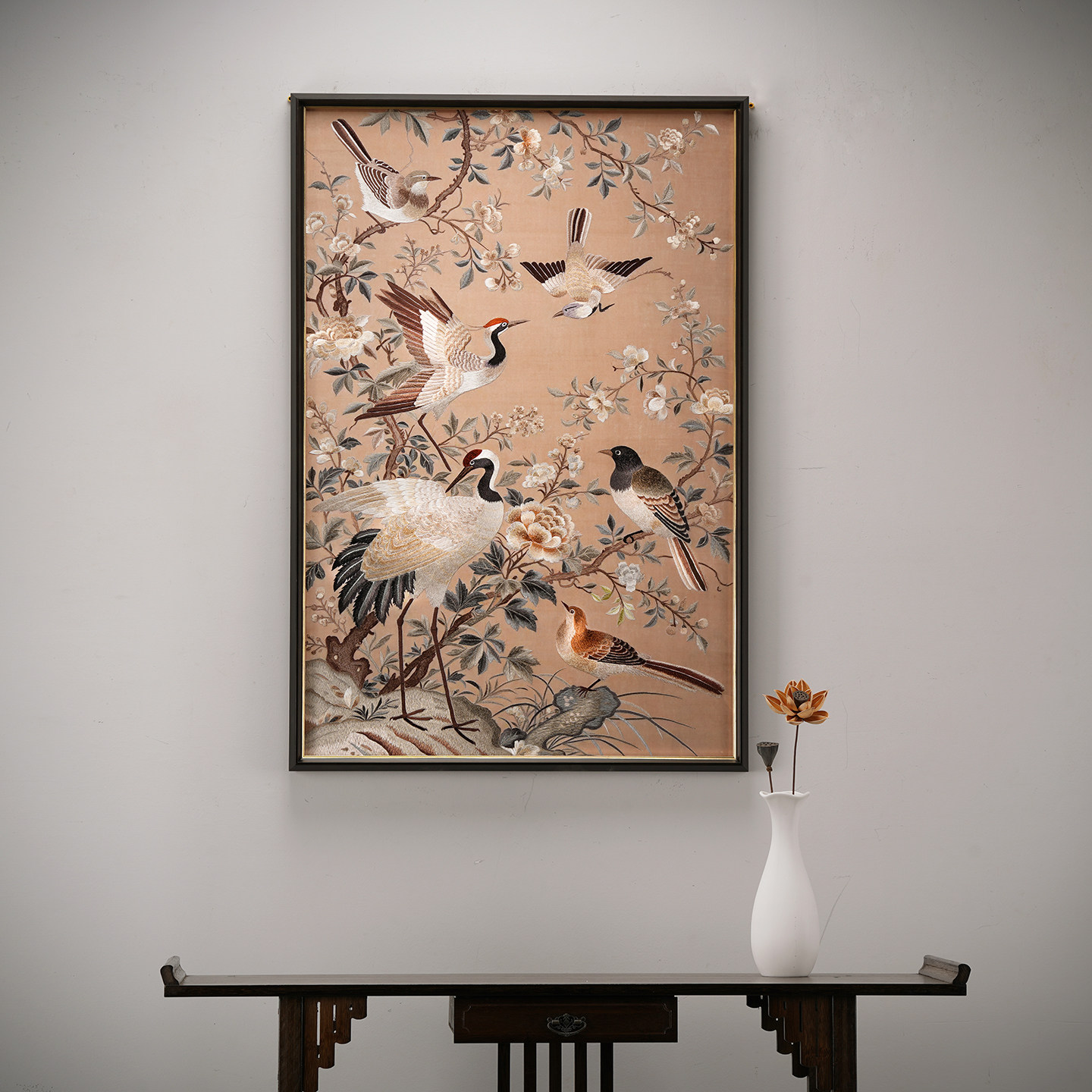 苏绣鹤鸣禽聚中古风玄关入户挂画书房餐厅装饰画仙鹤花鸟成品刺绣