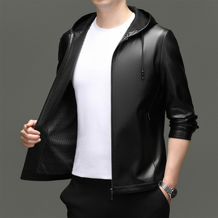 秋冬男连帽真皮皮衣夹克外套保暖加厚中青年休闲皮茄克保暖皮袄子