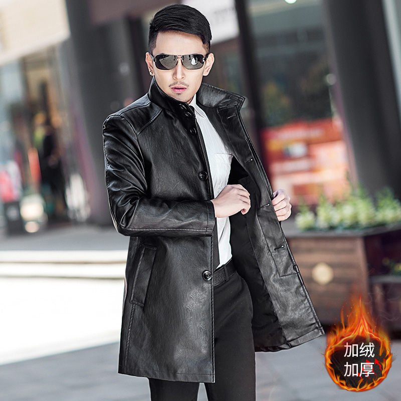 秋冬中长款商务休闲翻领男士皮衣