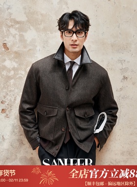 意式复古绅士 色织人字纹羊毛 真皮领部厚款夹棉翻领夹克 DAJ364