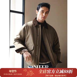 【极简复古】巴恩风撞色灯芯绒翻领 保暖白鹅绒羽绒服外套 DAD347