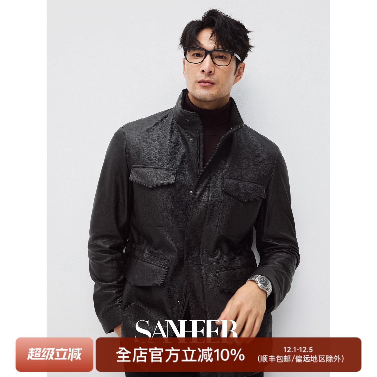 秋冬新西兰荔枝纹鹿皮猎装款皮衣