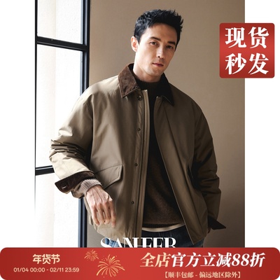 冬季巴恩风撞色灯芯绒翻领羽绒服