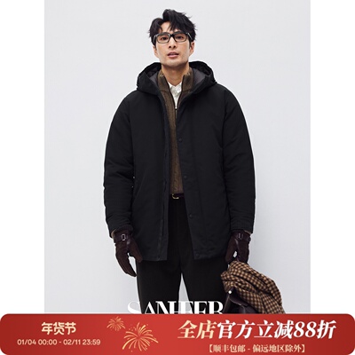 保暖白鹅绒通勤连帽中长款羽绒服