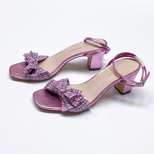 纯原外贸女鞋中跟露趾一字扣带凉鞋仙女气质蝴蝶结皱纱高端晚装鞋
