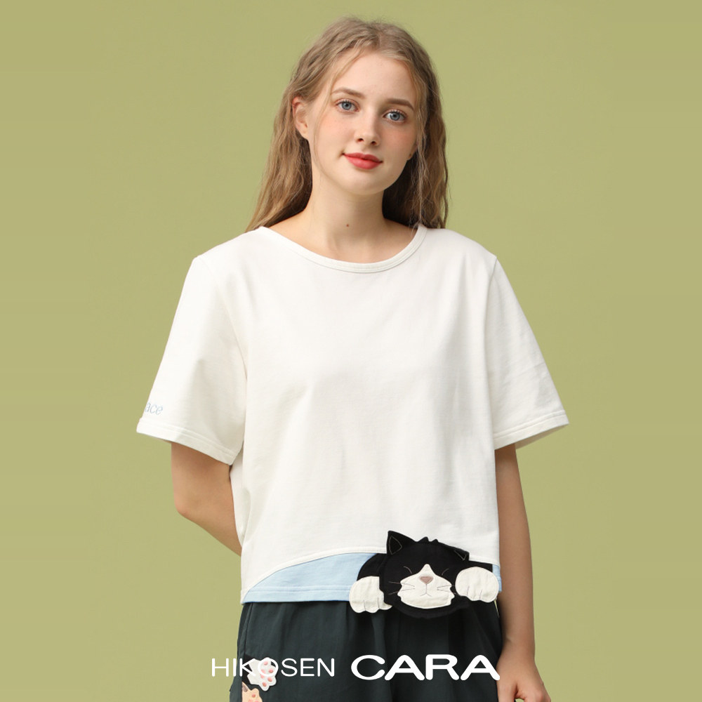 HIKOSEN CARA卡拉猫酷罗猫猫短袖T恤女可爱宽松日系休闲卡通上衣