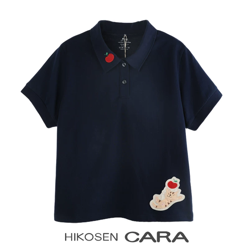 HIKOSEN CARA卡拉猫日系复古POLO领短袖T恤女夏宽松刺绣显瘦上衣