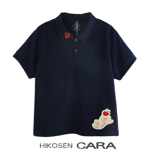 HIKOSEN CARA卡拉猫日系复古POLO领短袖T恤女夏宽松刺绣显瘦上衣