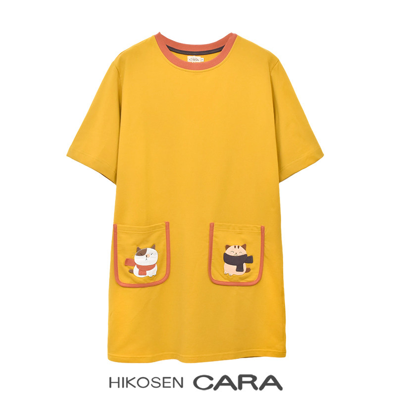 HIKOSEN CARA卡拉猫夏季女士宽松撞色口袋中长款短袖T恤连衣裙