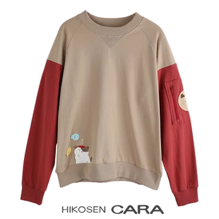 HIKOSEN CARA卡拉猫小拱拼色圆领卫衣女长袖小猫刺绣宽松上衣韩版