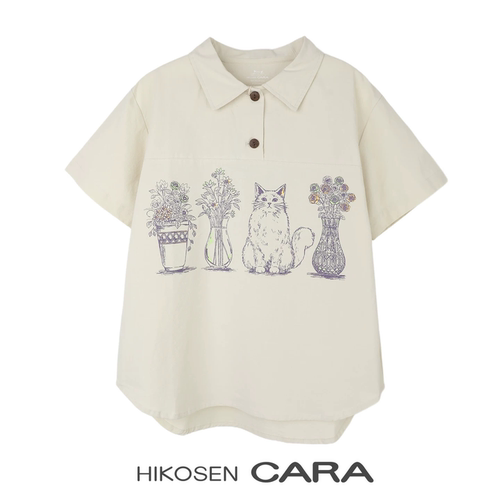 HIKOSEN CARA卡拉猫2026秋季女士翻领T恤休闲POLO衫印花短袖上衣